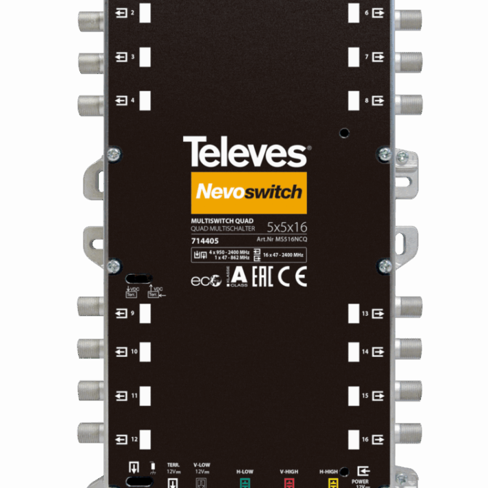 Televes NevoSwitch equipped with 5 QUAD inputs and 16 outputs 1.5A (UK plug) 714415